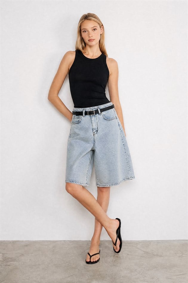 Kemerli Street Jean Şort Buz Mavi Shorts