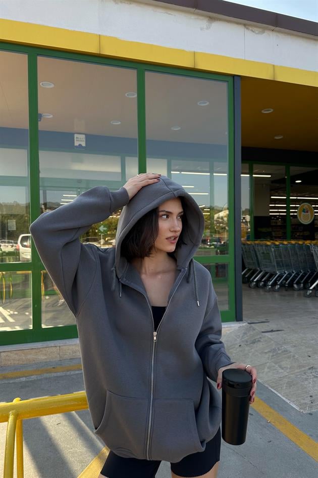 Oversize Şardonlu Sweatshirt Antrasit