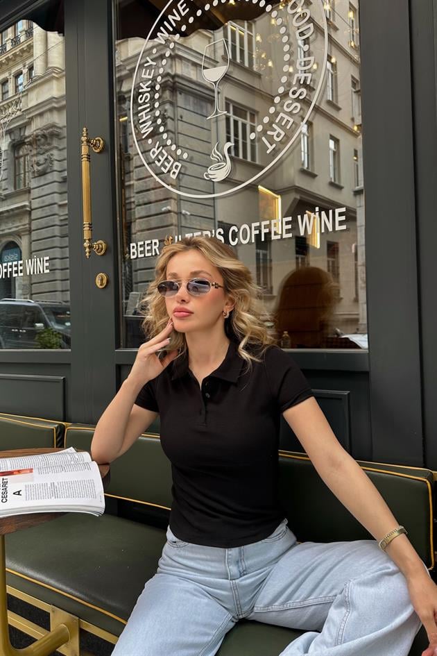 Polo Yaka Düğmeli Tshirt Siyah