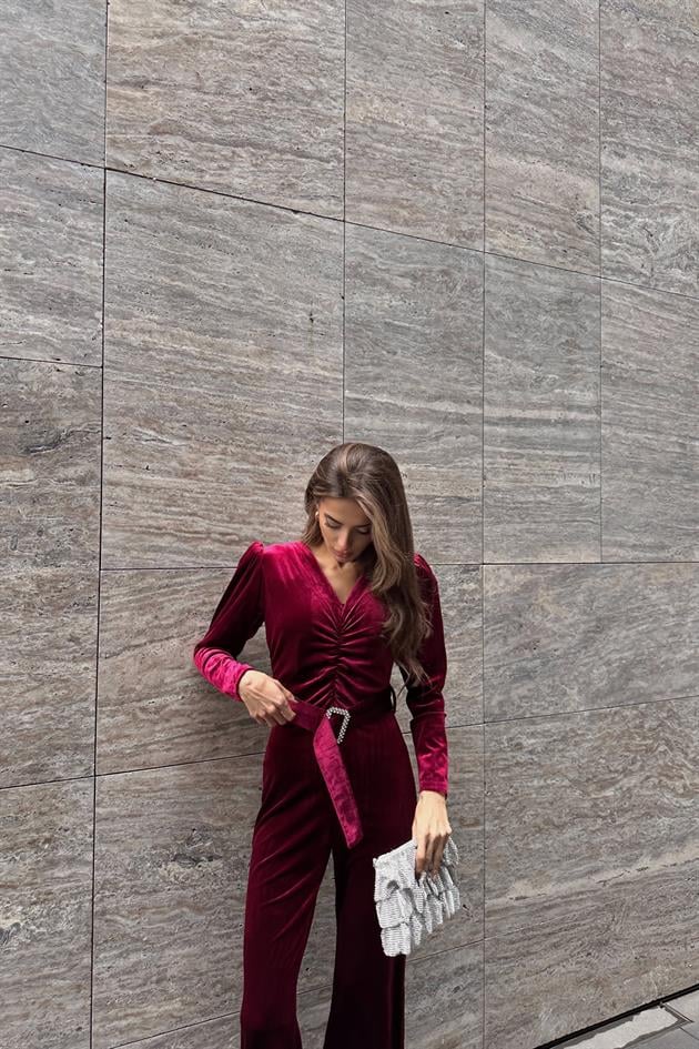 Velvet Büzgülü Tulum Bordo