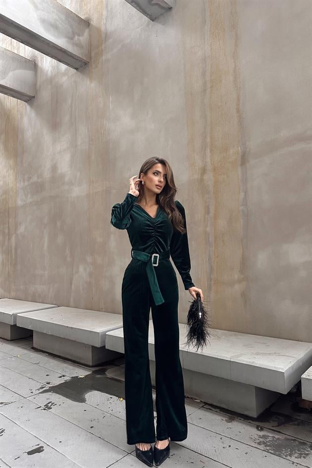 Velvet Büzgülü Tulum Zümrüt Yeşili