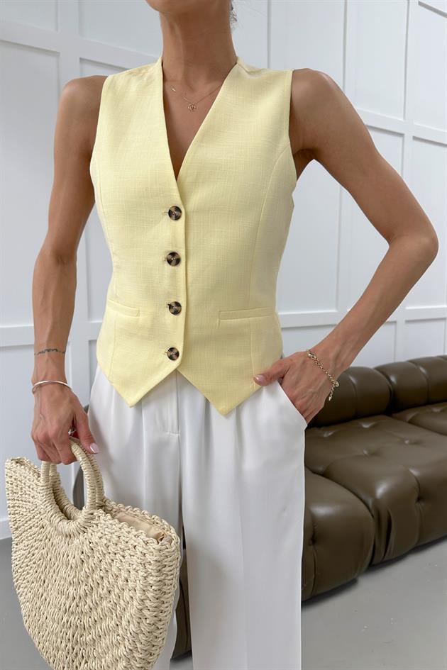 Keten Düğmeli Yelek Sarı