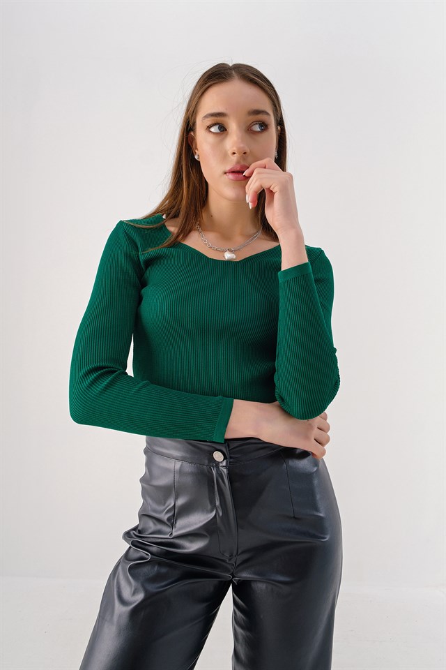 Yırtmaçlı Triko Bluz Yeşil