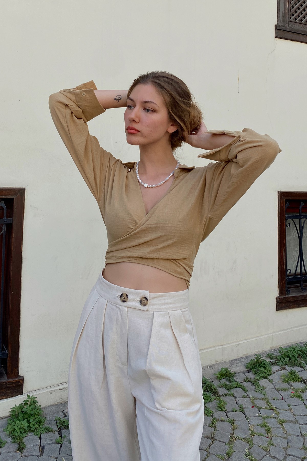 Bağlamalı Keten Bluz Camel