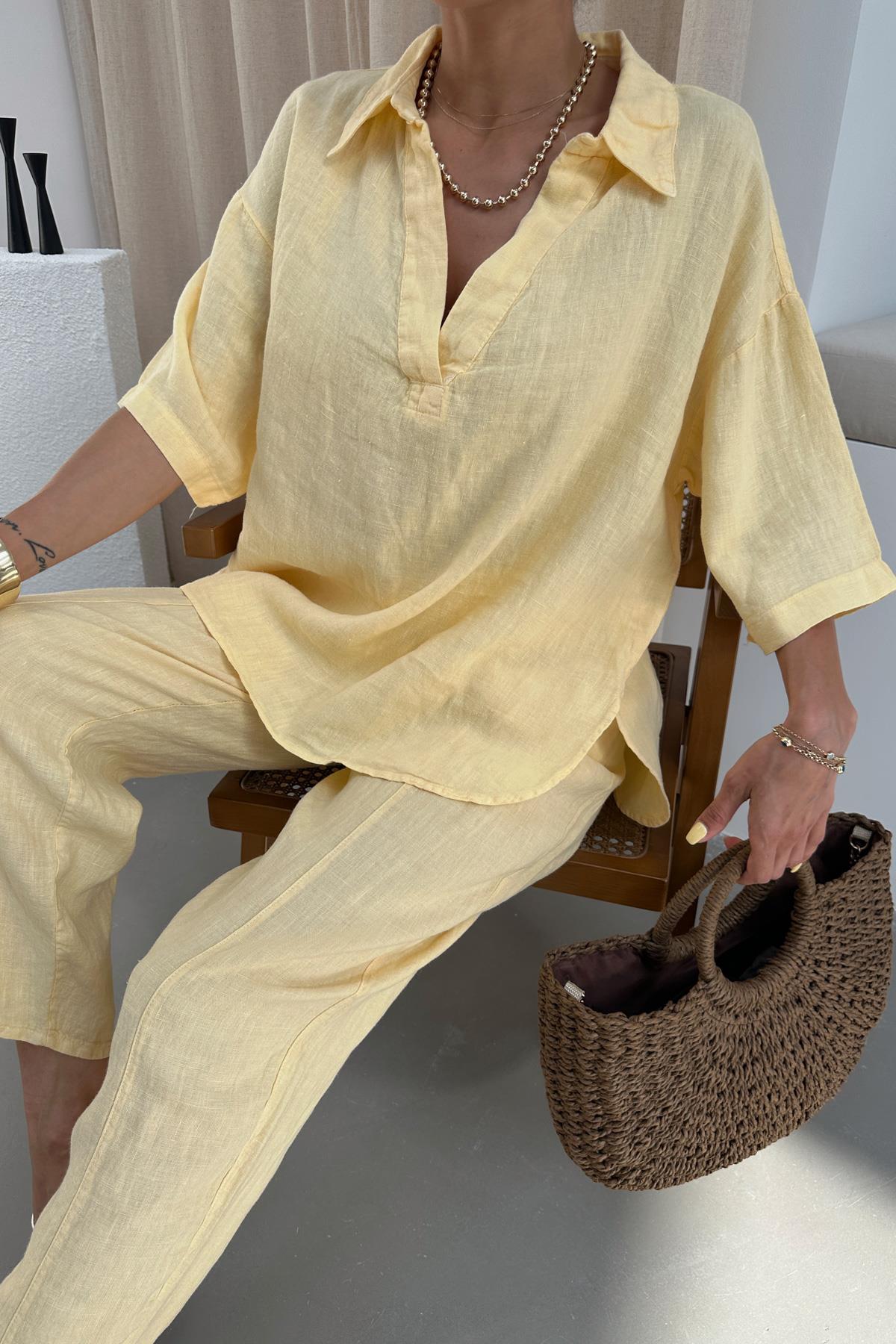 V Yaka Keten Bluz Sarı