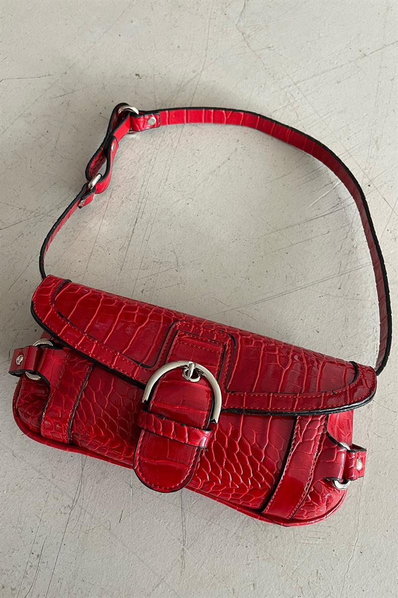 Timsah Desenli Omuz Çantası Kırmızı