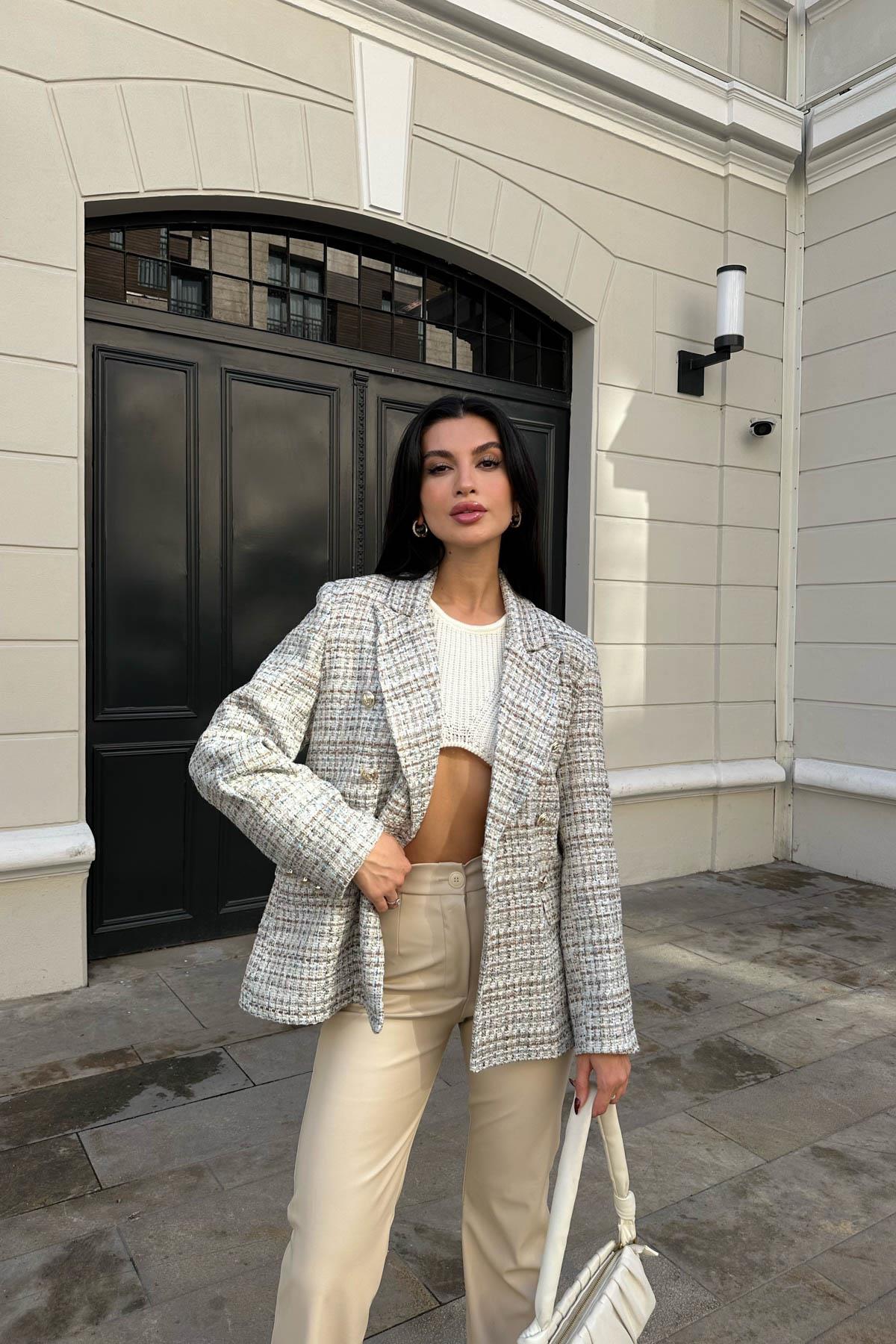 Gold Düğme Colorful Blazer Ekru