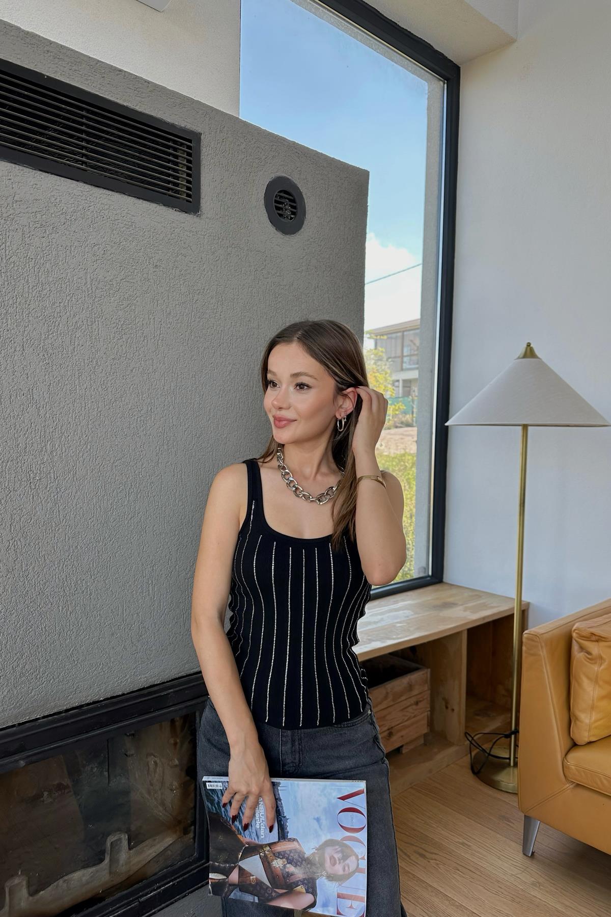 Taş İşleme Fitilli Atlet Siyah