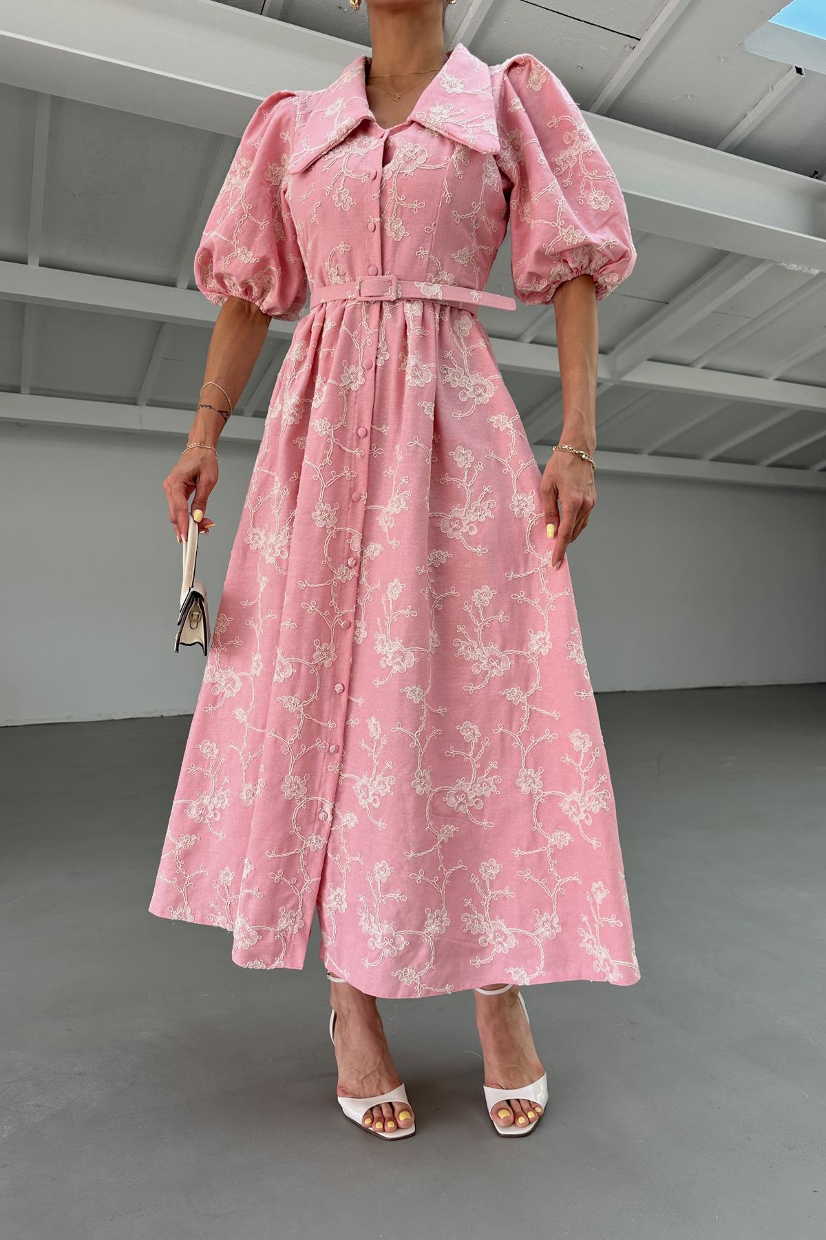 Bebe Yaka İşlemeli Balon Kol Elbise Pembe