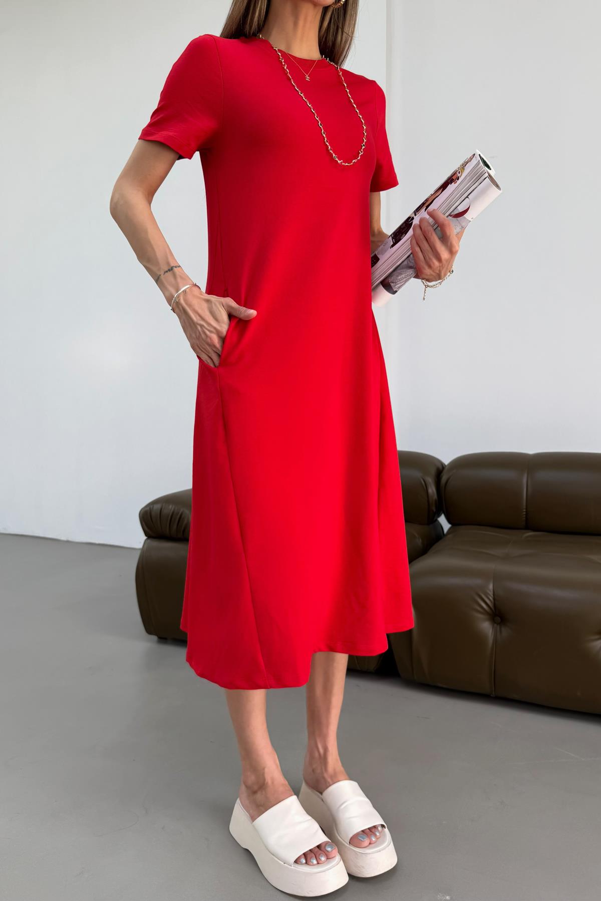 Kısa Kol Salaş Penye Elbise Kırmızı