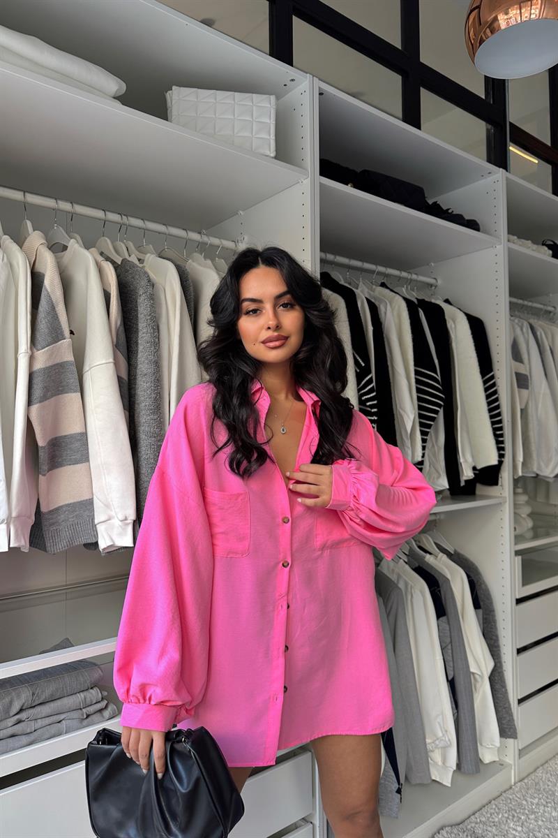 Balon Kollu Cep Detay Gömlek Pembe · 2
