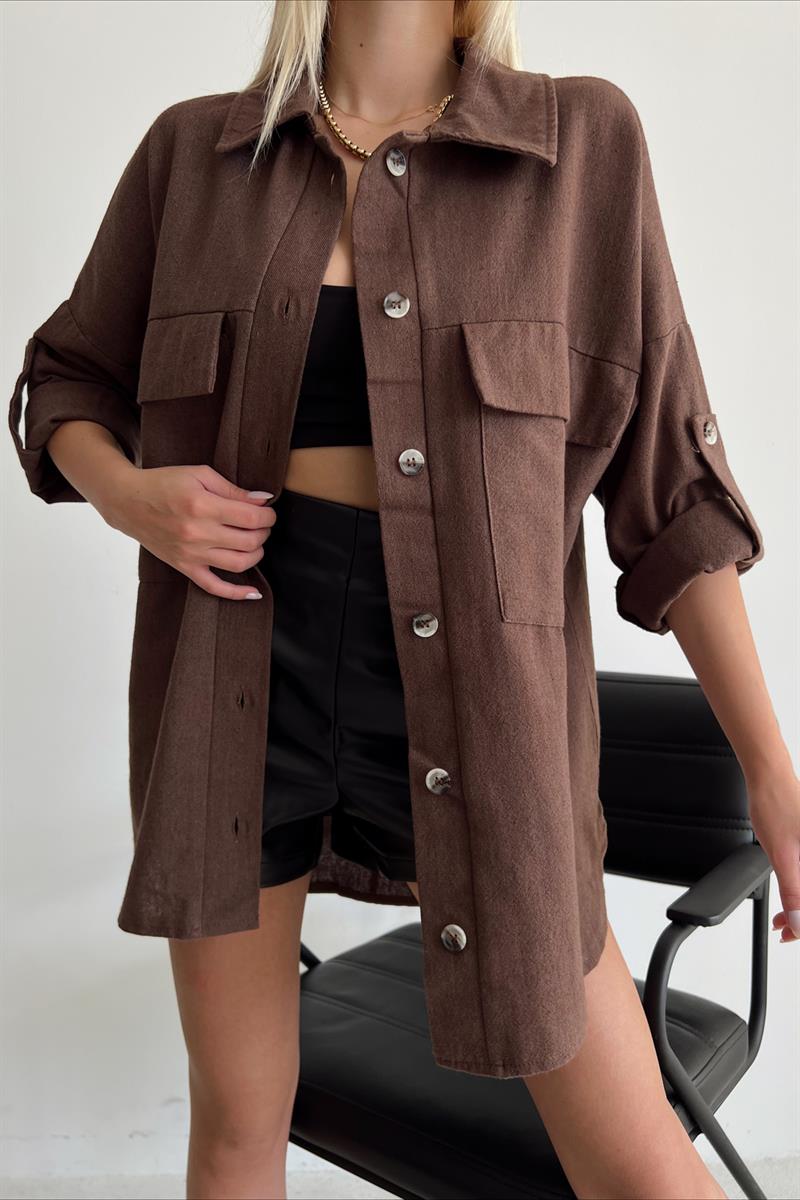 Kemik Düğmeli Cep Detay Gömlek Kahverengi