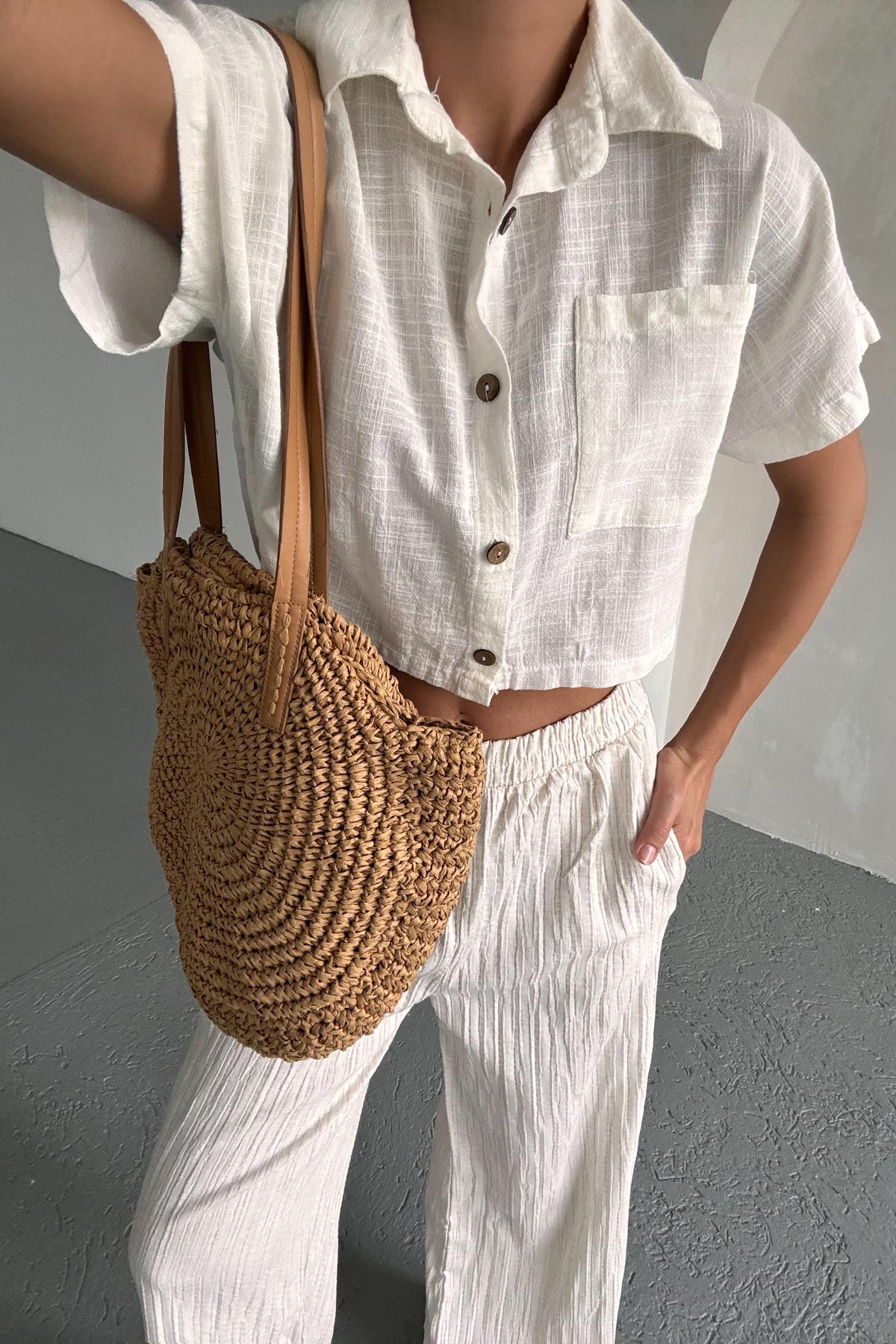 Keten Düğmeli Bluz Beyaz