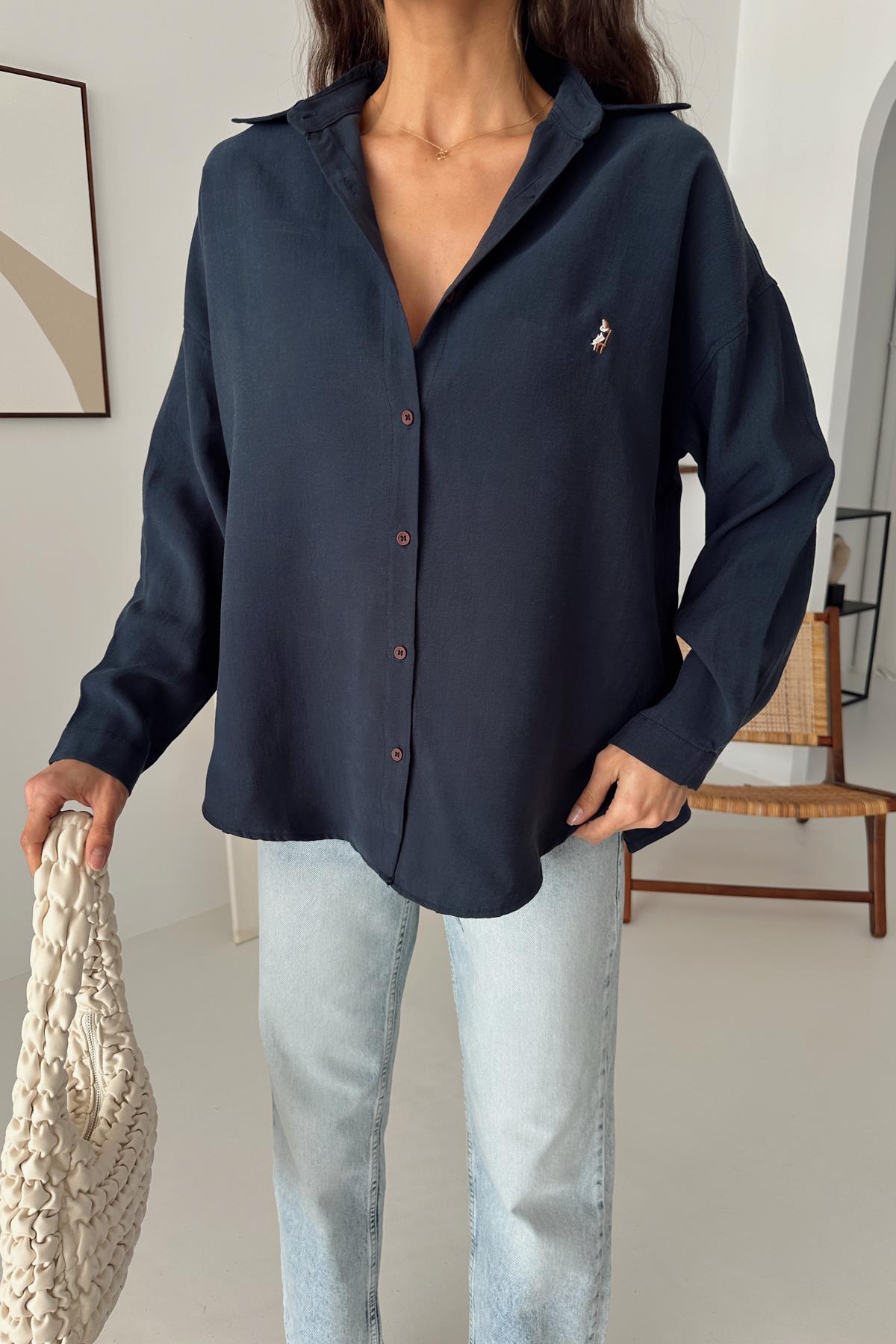 Nakışlı Casual Gömlek Lacivert