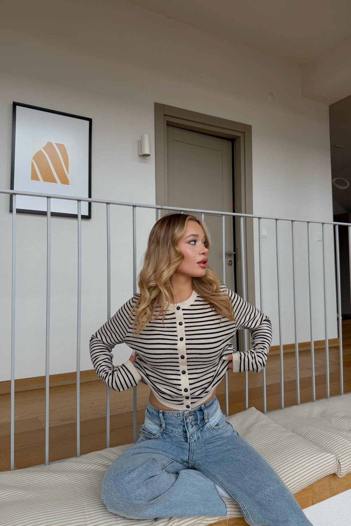 Çizgili Casual Hırka Krem