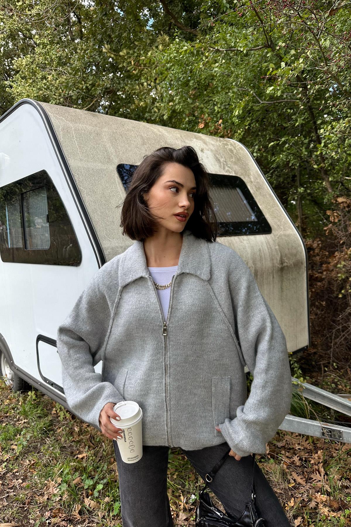 Polo Yaka Fermuarlı Hırka Açık Gri