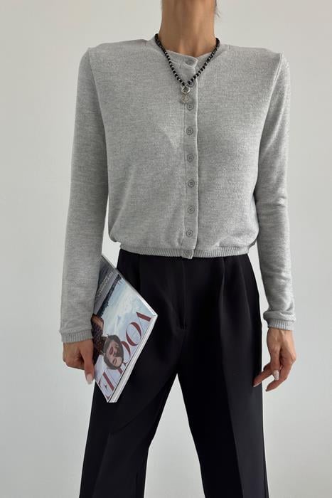 Uzun Kollu Düğmeli Hırka Gri