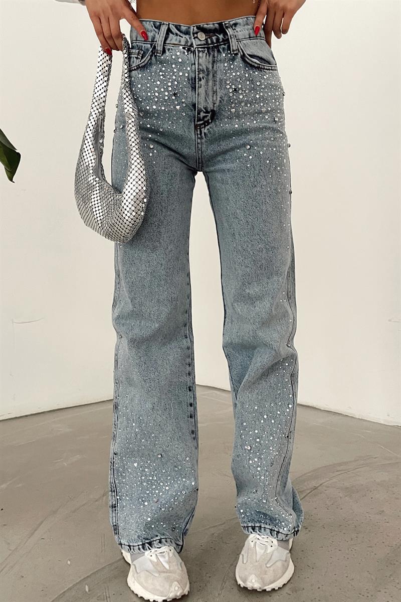 Taş Çakımlı Yüksek Bel Jean Buz Mavi