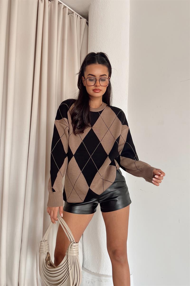 Baklava Desen Duo Triko Kazak Kahverengi