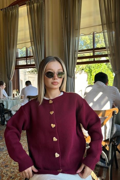 Kalp Düğmeli Hırka Bordo