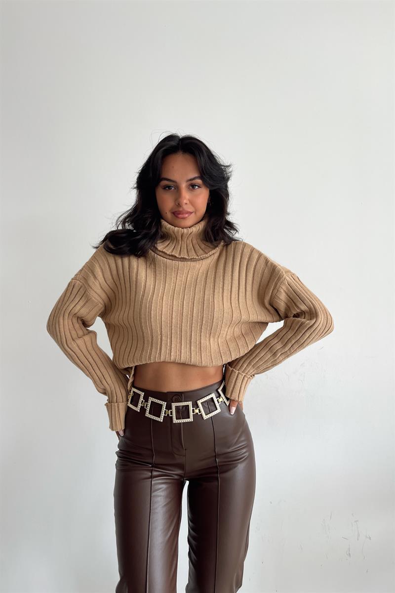 Nevürlü Crop Triko Kazak Camel
