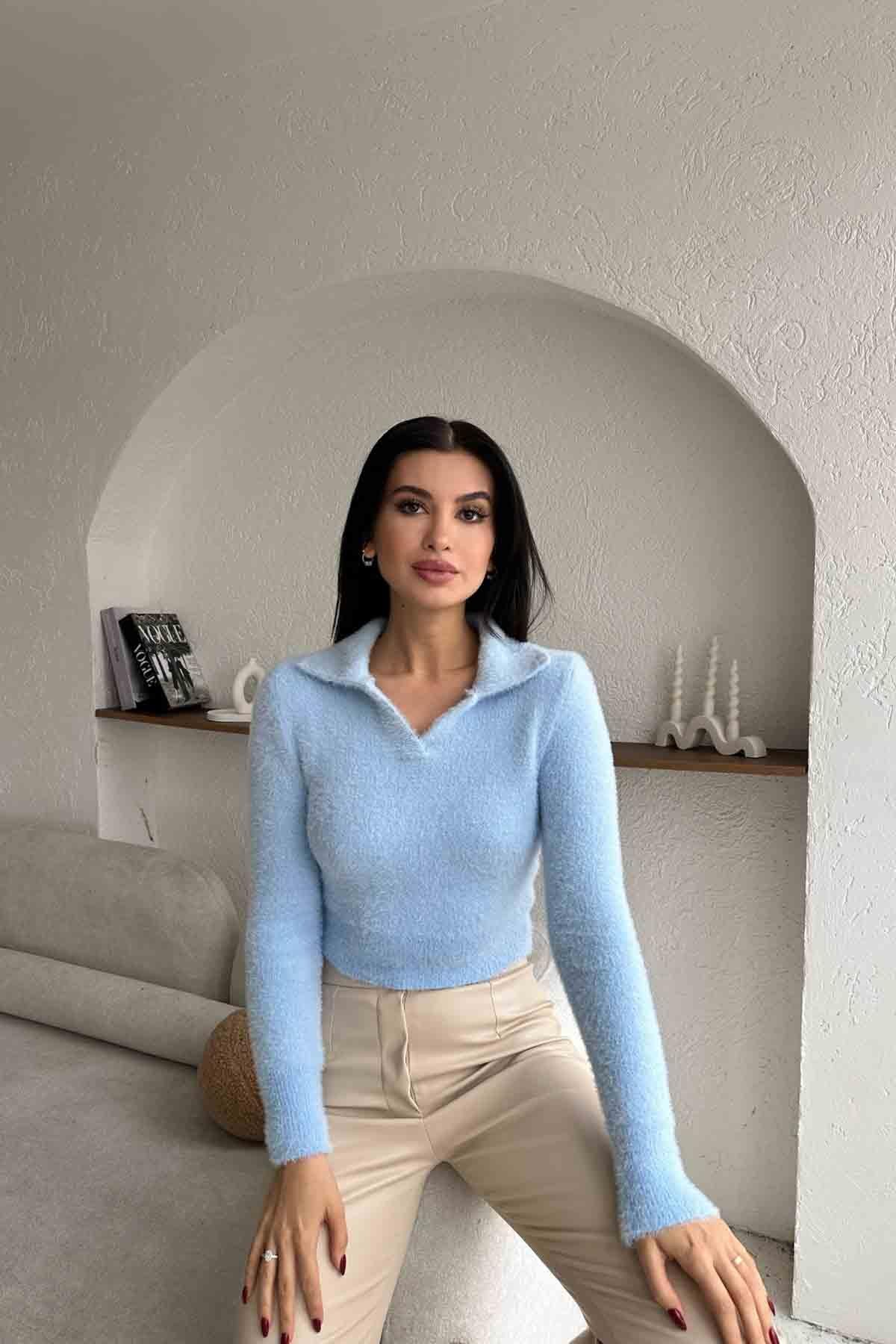 Polo Yaka Yumoş Kazak Bebe Mavi