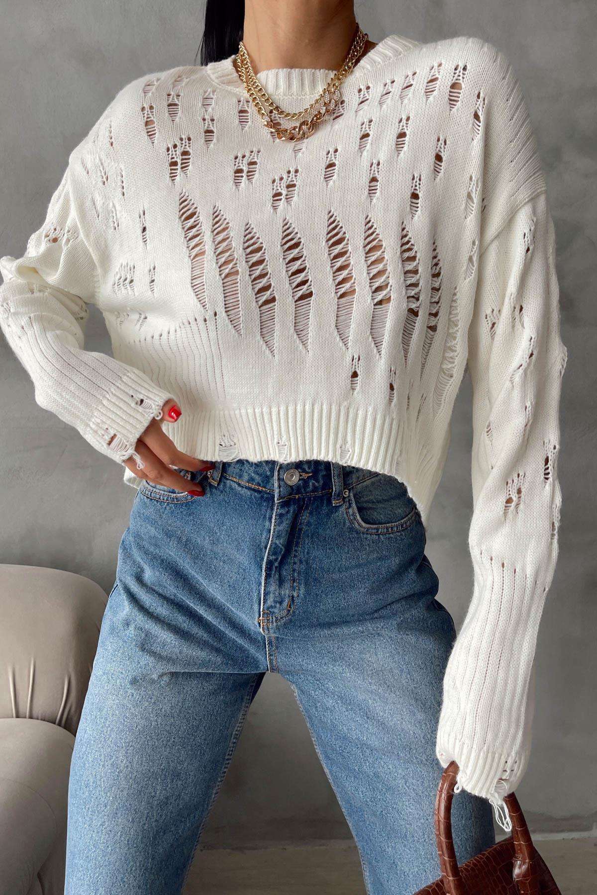 Yırtık Detaylı Kazak Ekru