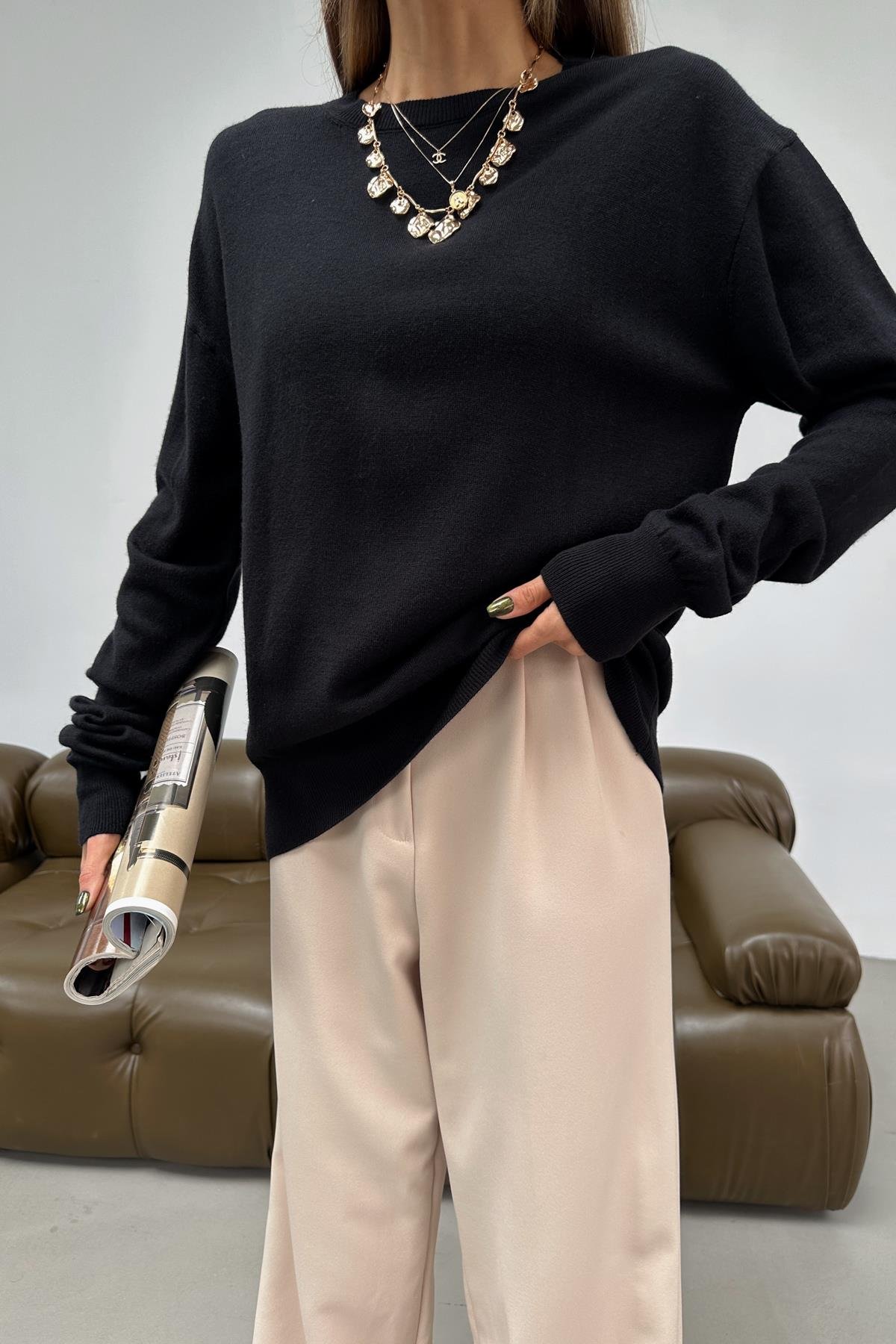 Yünlü Basic Triko Kazak Siyah