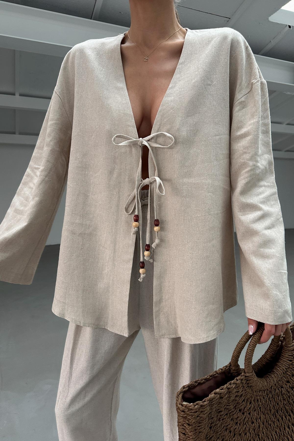 Boncuklu Keten Kimono Taş