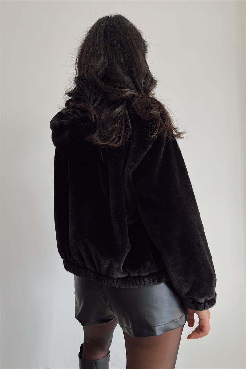 Kapüşonlu Peluş Mont Siyah · 4
