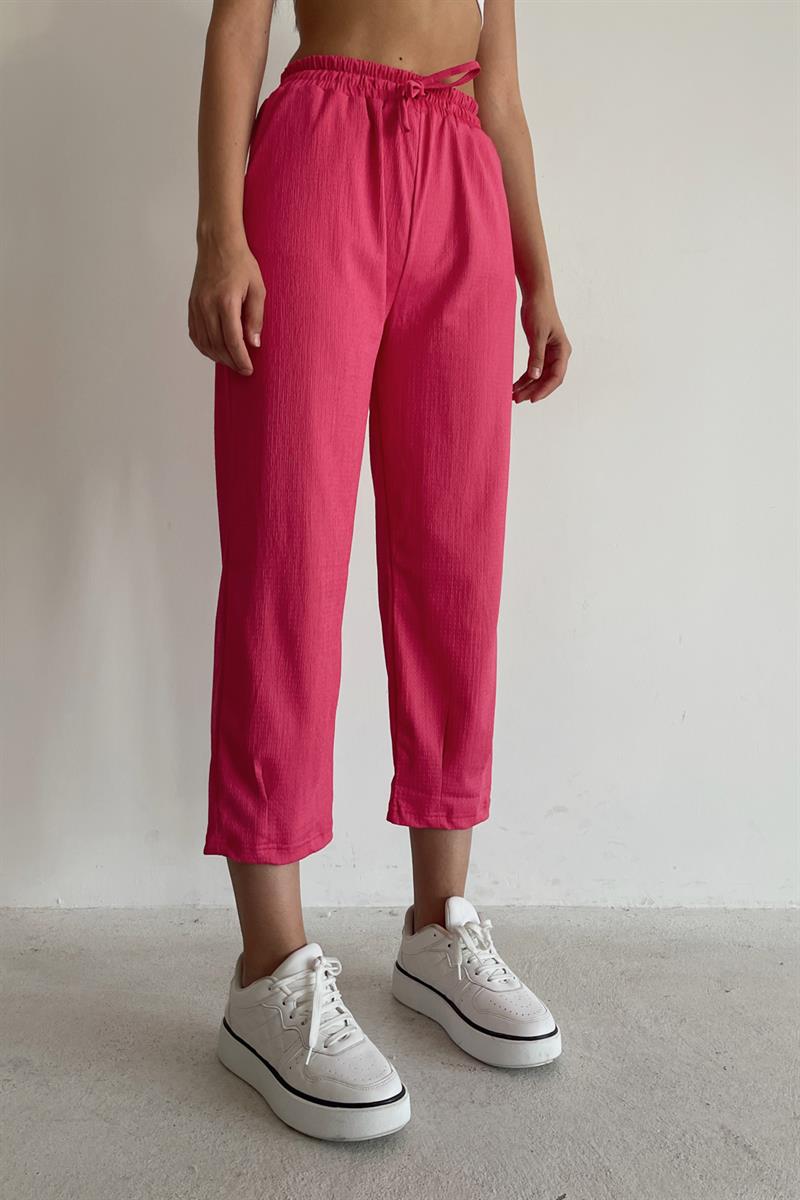 Beli Lastikli Krinkıl Pantolon Fuşya