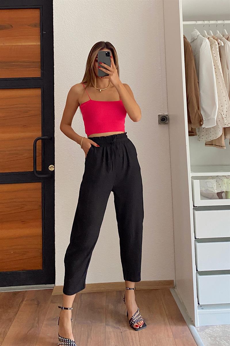 Beli Lastikli Krinkıl Pantolon Siyah