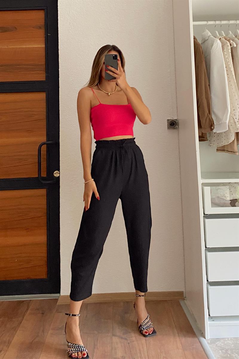 Beli Lastikli Krinkıl Pantolon Siyah · 2