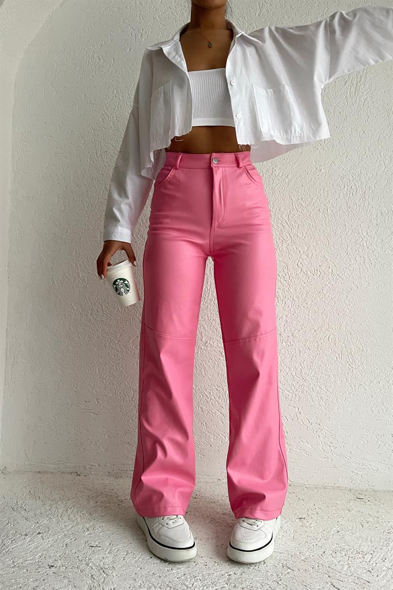 Dikiş Detay Deri Pantolon Pembe · 3
