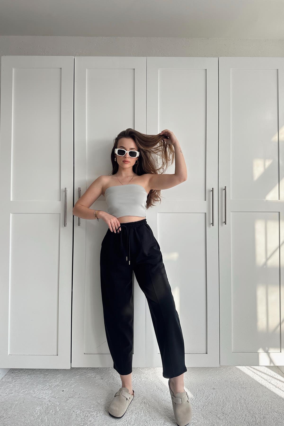 Dikiş Detay Şalvar Pantolon Siyah