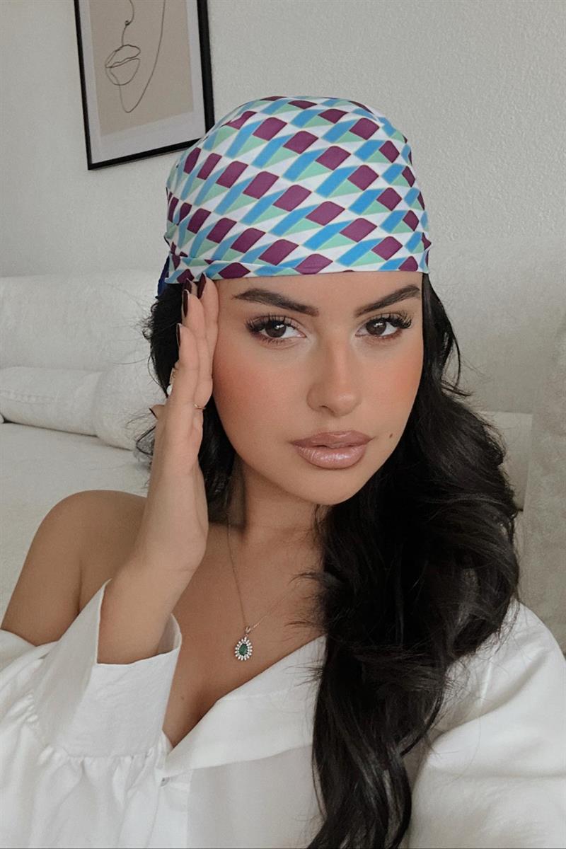 Desenli Saten Şal Lacivert