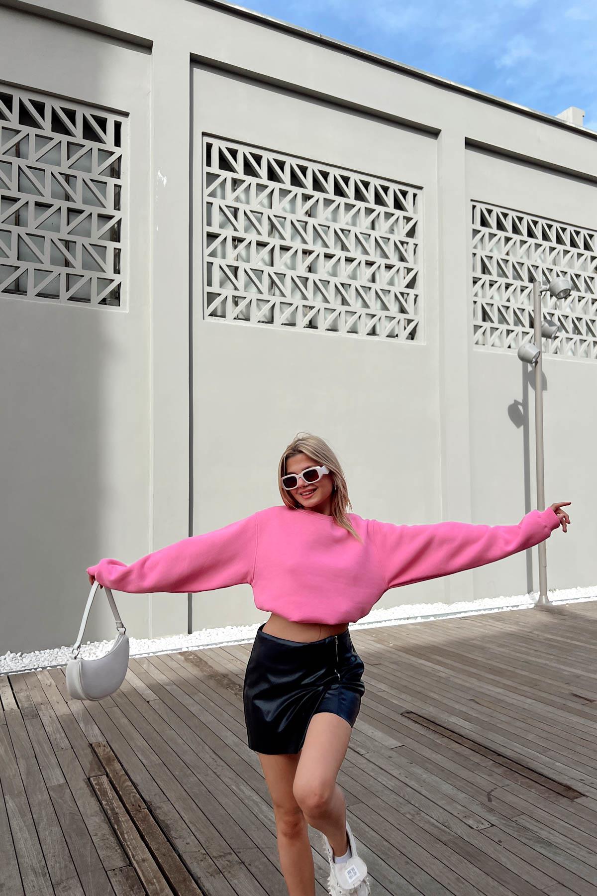 Bisiklet Yaka Celp Sweatshirt Şeker Pembe