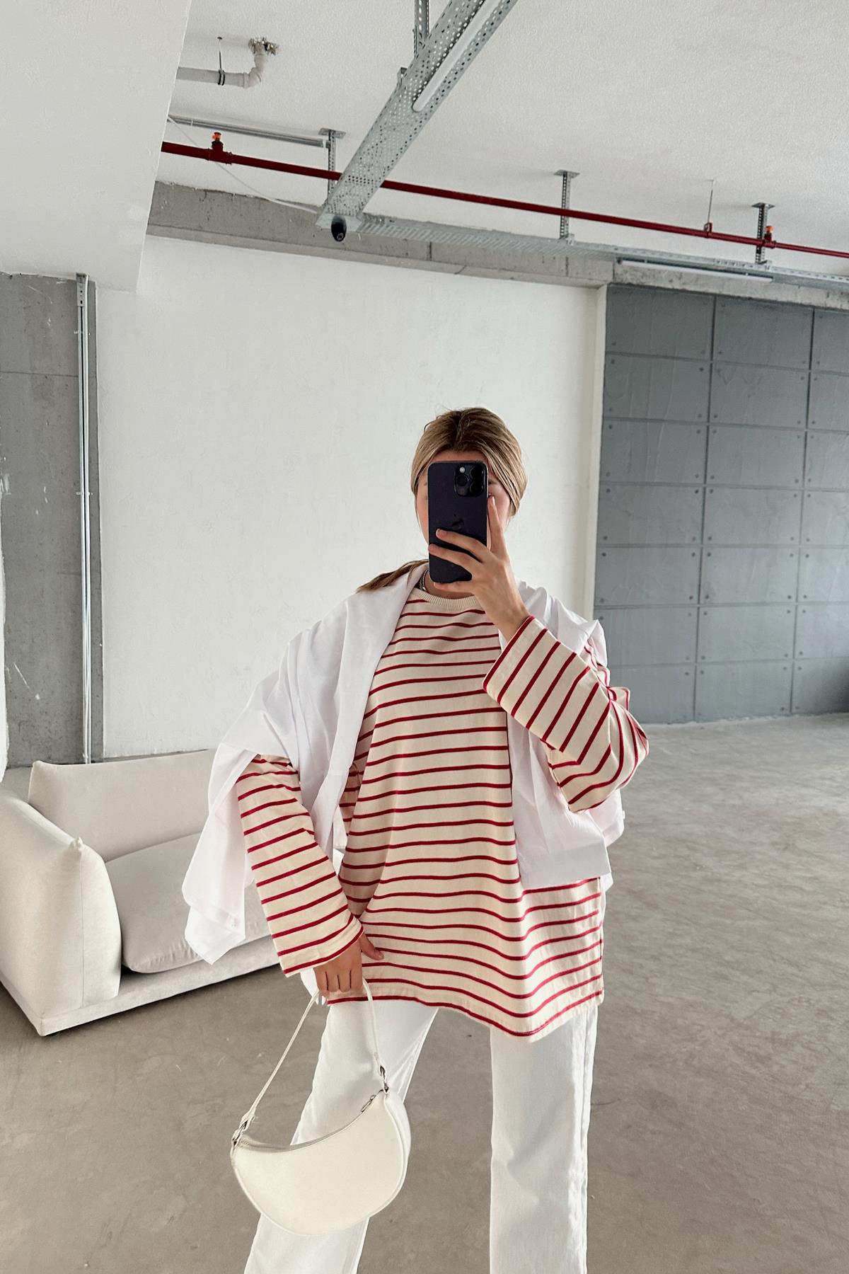 Çizgili Combing Sweat Fuşya