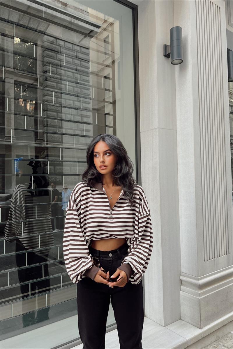 Fermuar Yaka Çizgili Oversize Sweat Kahverengi