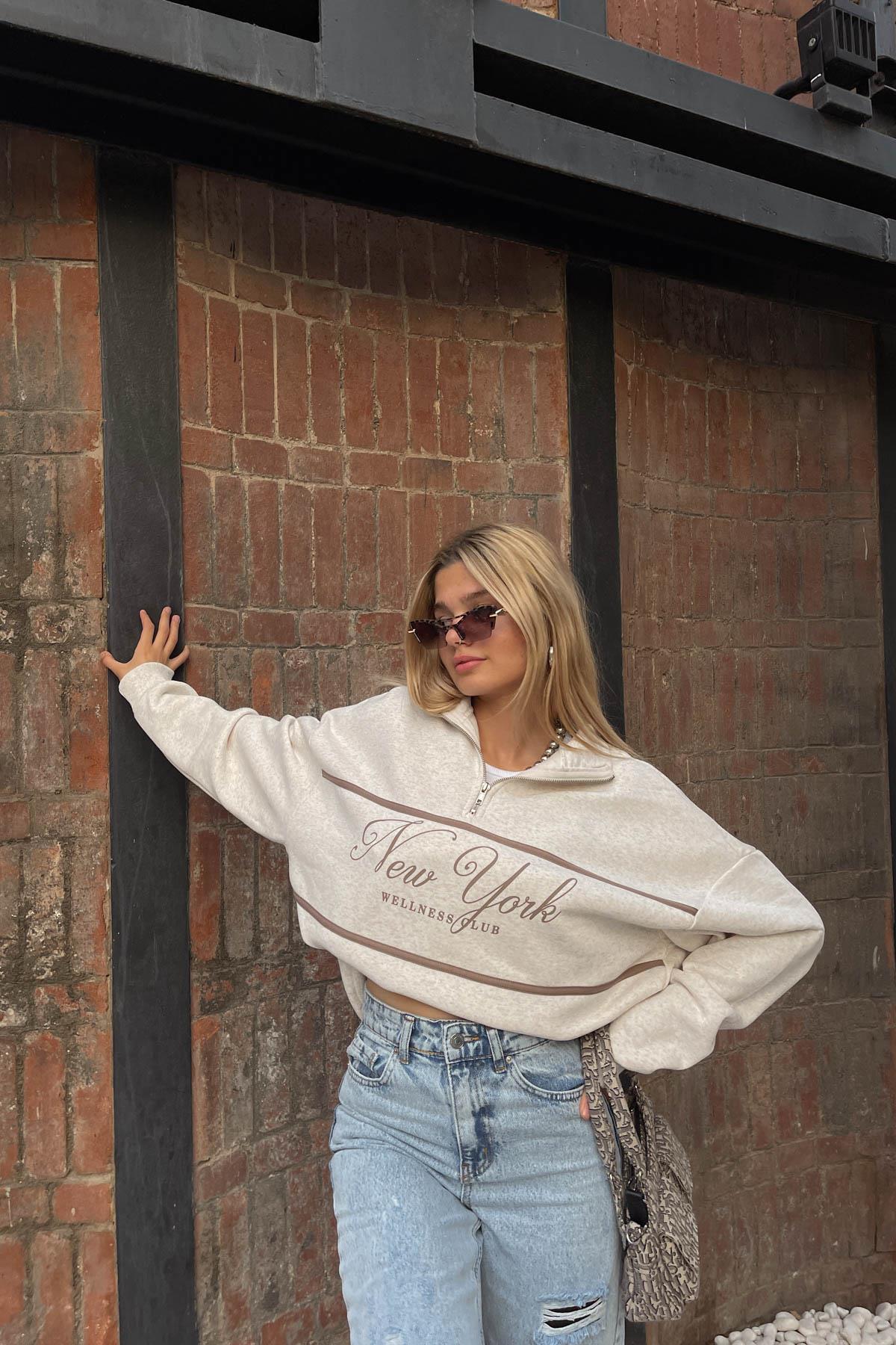 Fermuar Yaka NY Sweat Bej Melanj