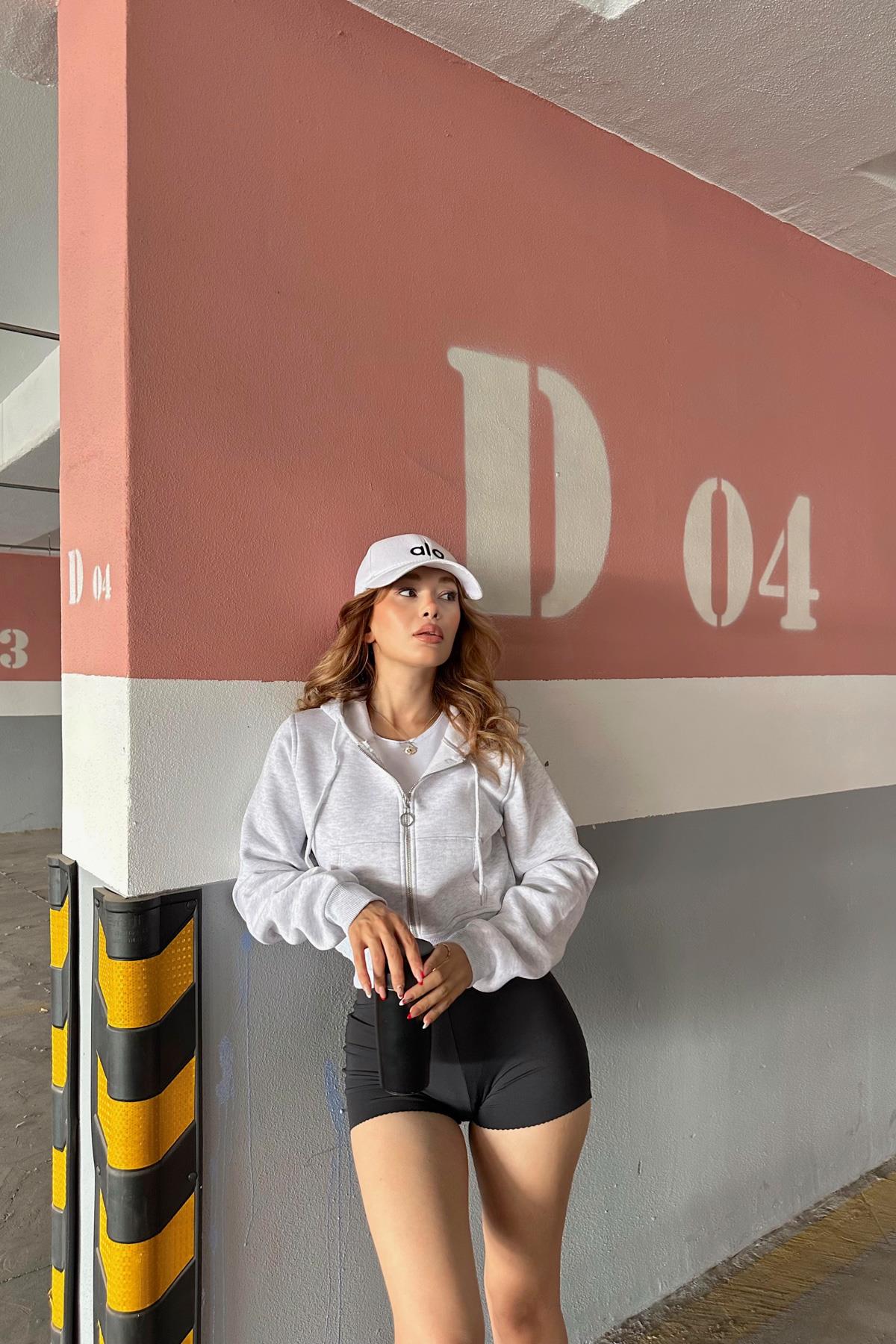 Fermuarlı Crop Sweatshirt Gri