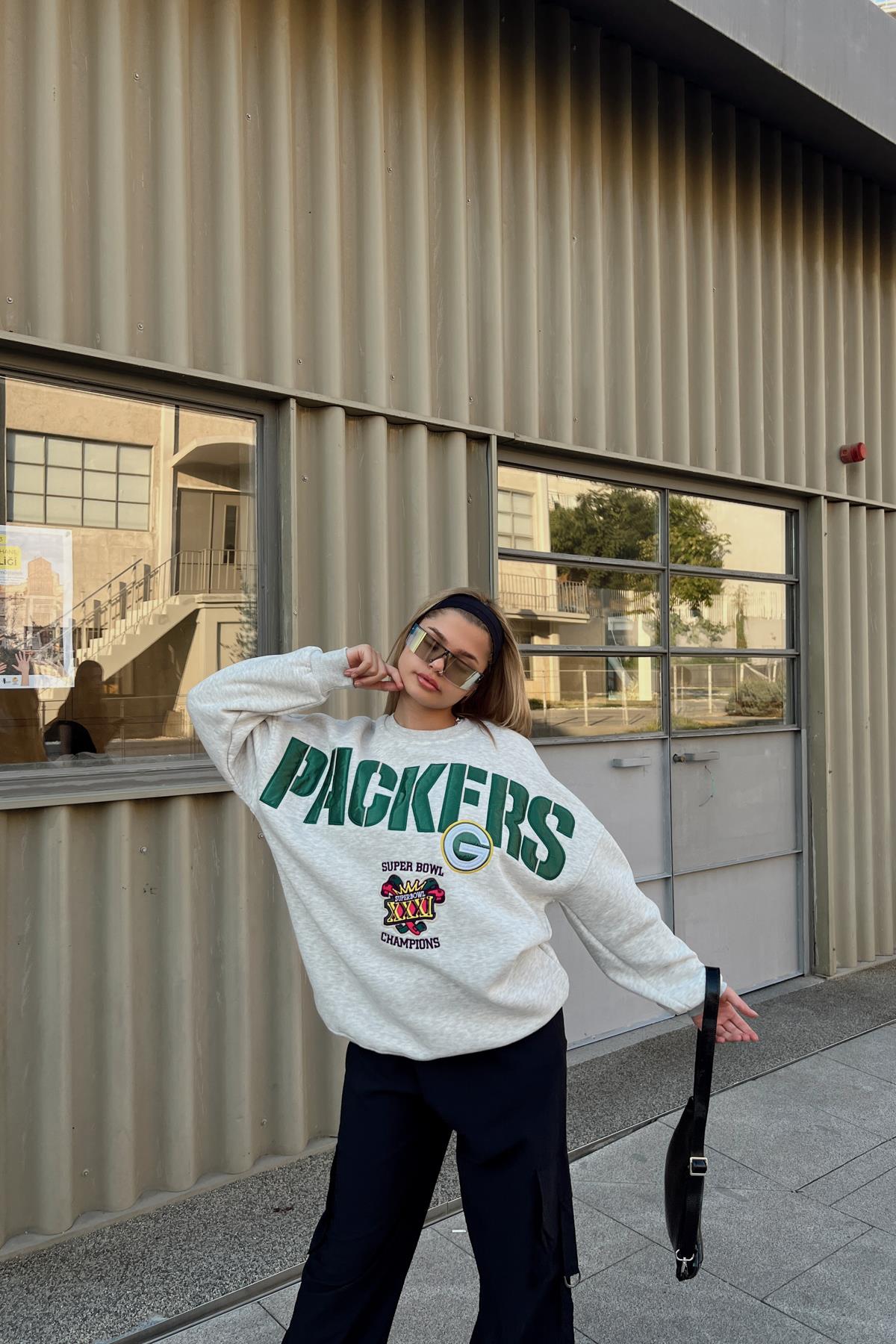 Packers Nakışlı Oversize Sweatshirt Gri