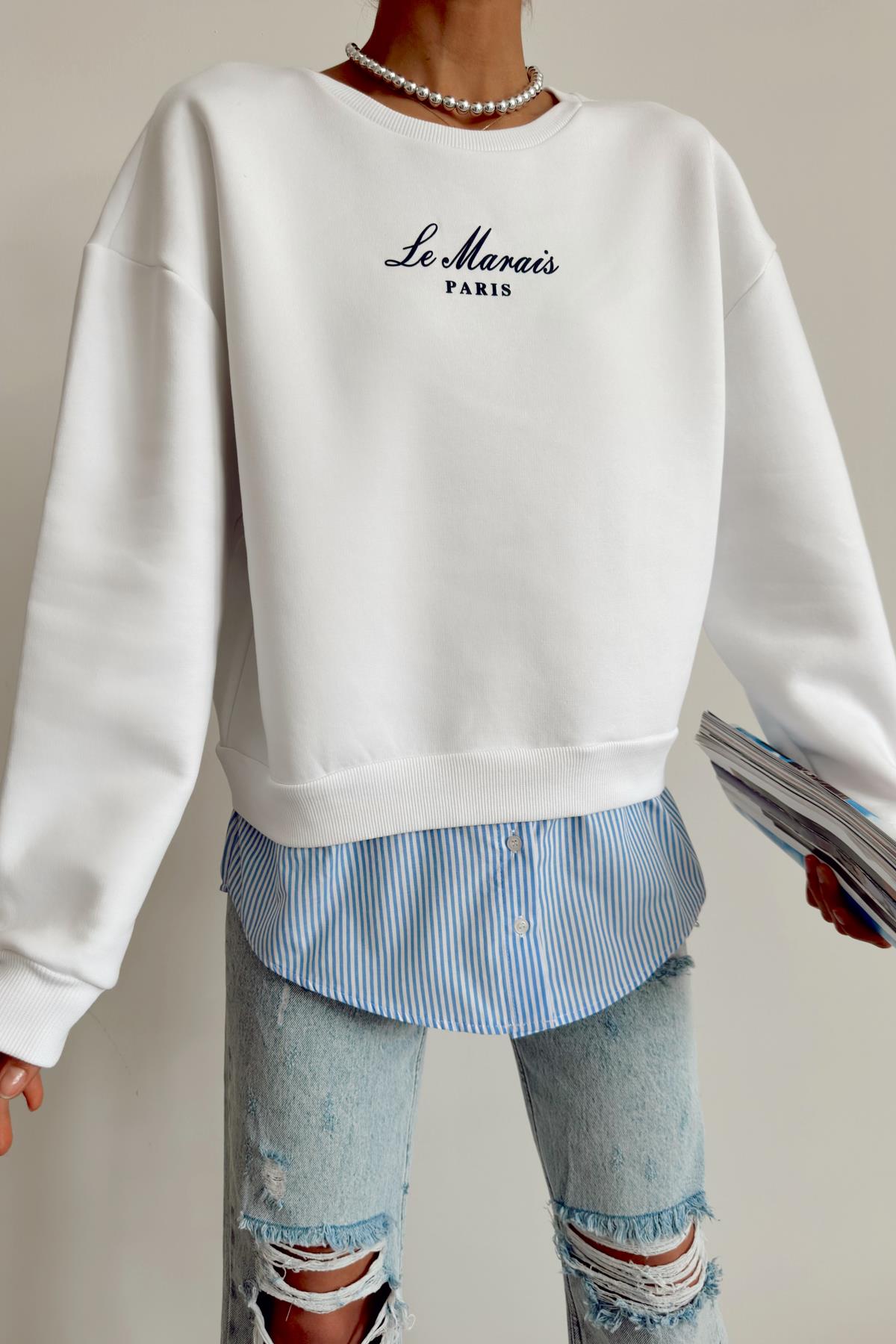 Poplin Detaylı Sweat Beyaz