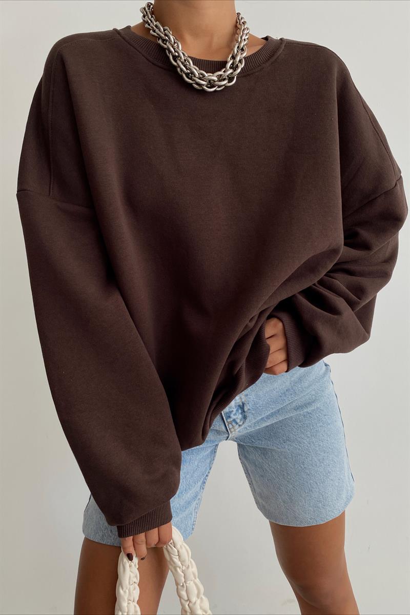Ribanalı Bisiklet Yaka Basic Sweatshirt Kahverengi · 3