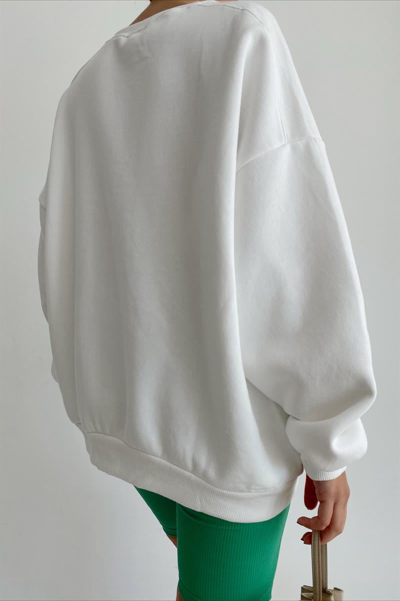 Ribanalı Bisiklet Yaka Basic Sweatshirt Beyaz · 2