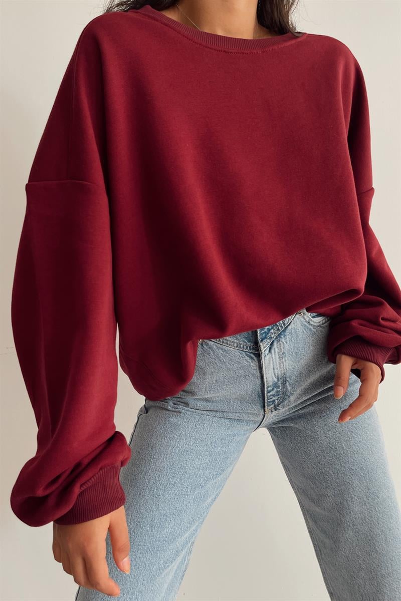 Ribanalı Bisiklet Yaka Basic Sweatshirt Bordo