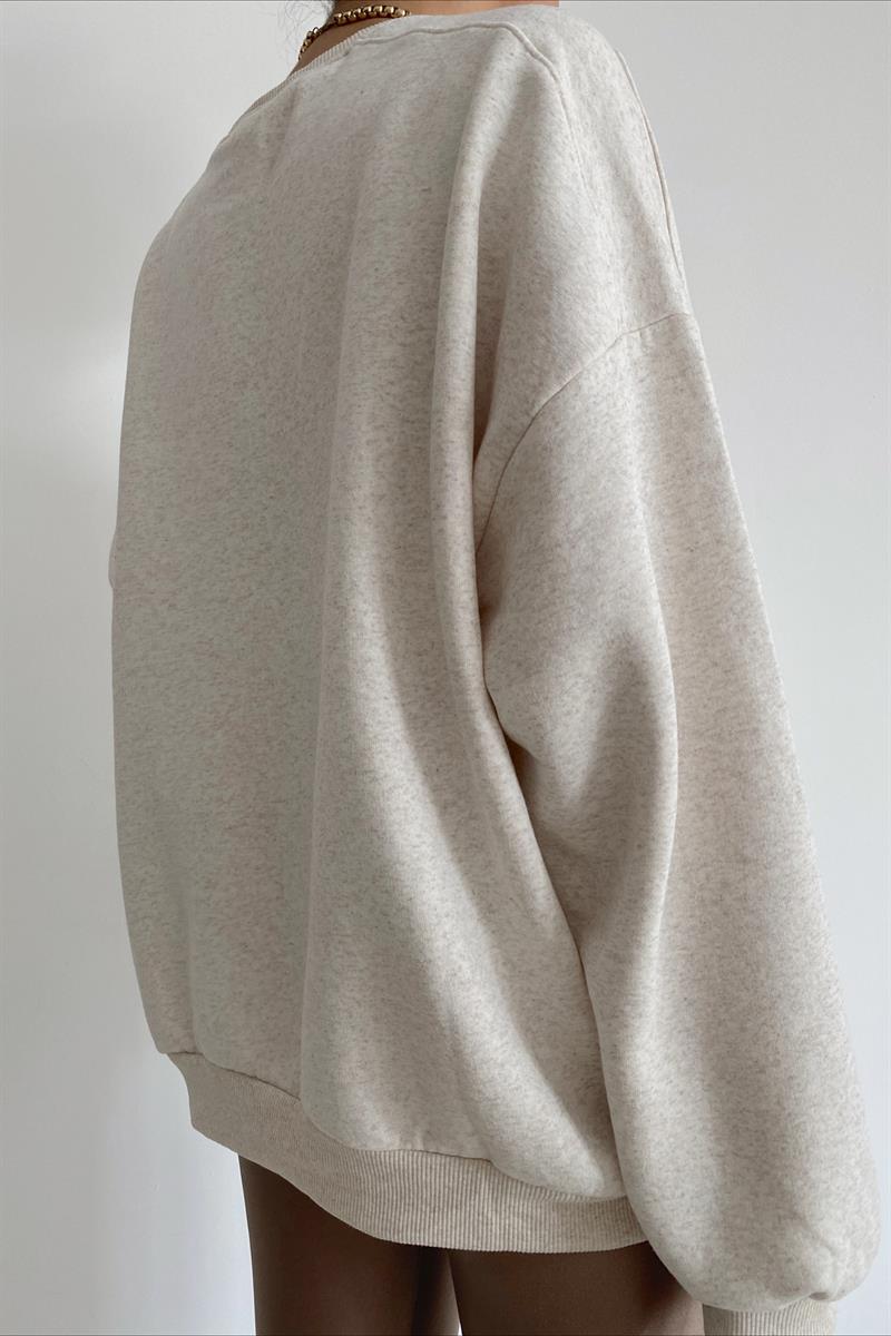Ribanalı Bisiklet Yaka Basic Sweatshirt Bej · 3