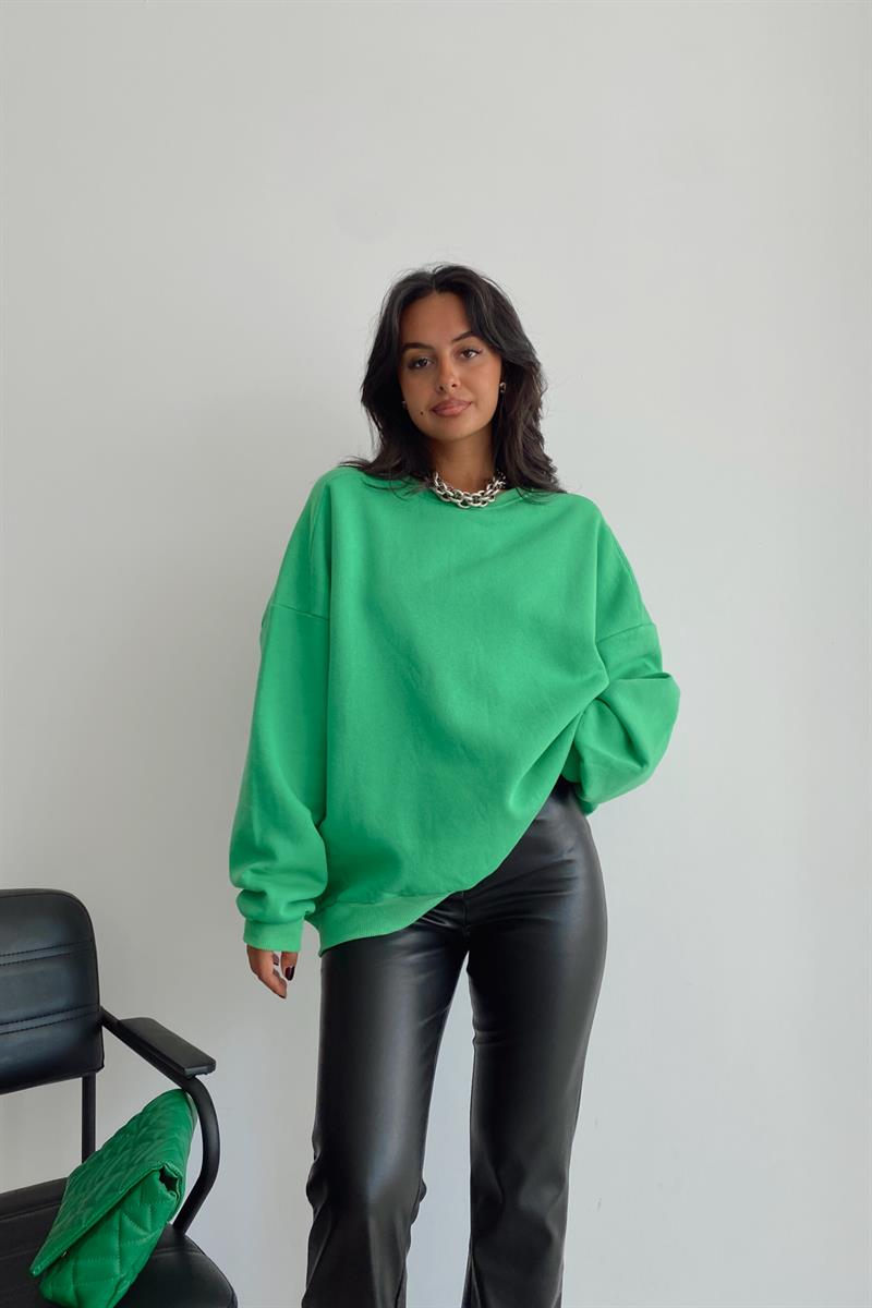 Ribanalı Bisiklet Yaka Basic Sweatshirt Yeşil · 4