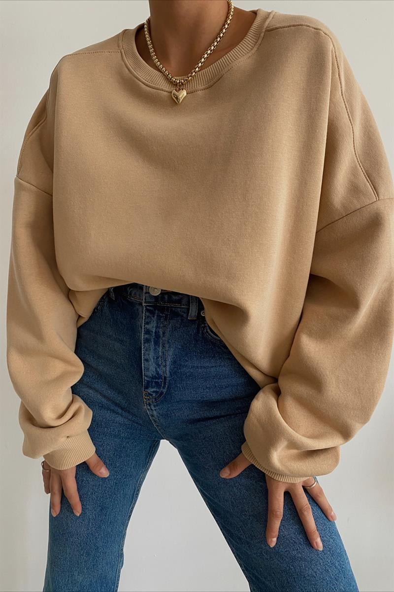 Ribanalı Bisiklet Yaka Basic Sweatshirt Camel