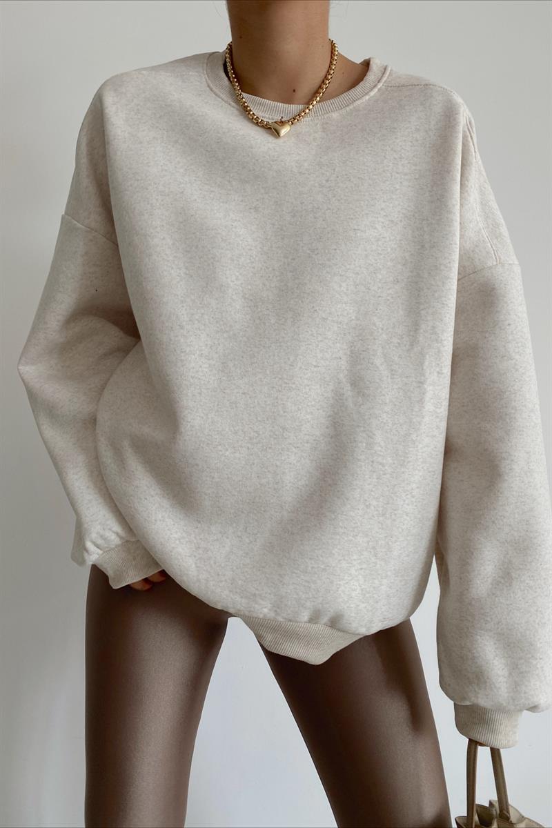 Ribanalı Bisiklet Yaka Basic Sweatshirt Bej · 2